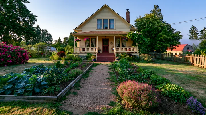 A restored farmhouse exterior features a welcoming porch, surrounded by a garden with various plants and flowers, creating a charming rural atmosphere during da