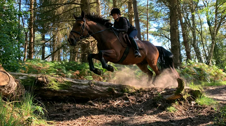 A rider guides a horse jumping over a log in a wooded area.