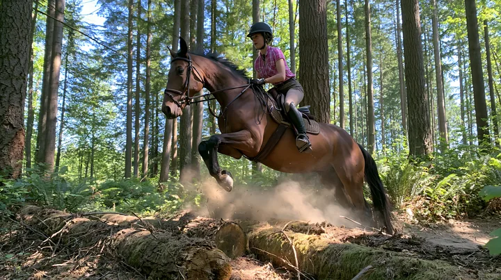 A rider on a brown horse is jumping over a log in a wooded area.