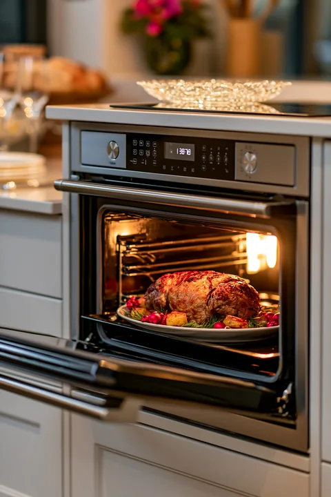A roast sits on a platter in an open oven, surrounded by vegetables.