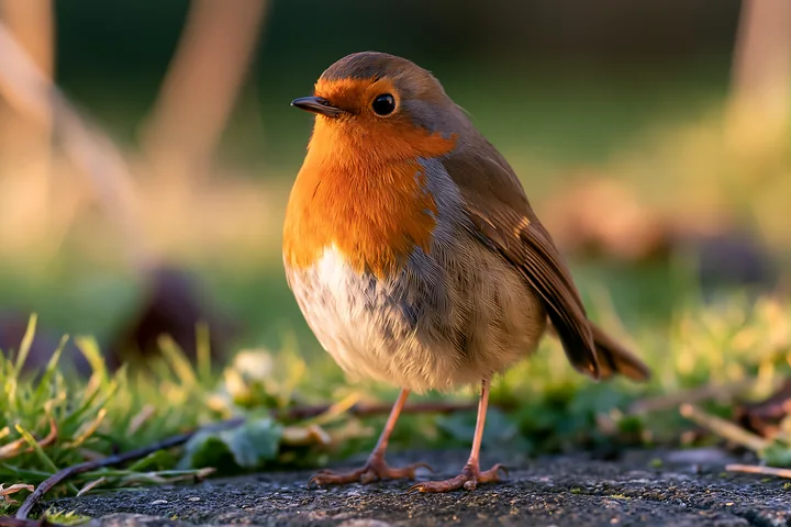 A robin stands on the ground in an urban meadow among buildings, surrounded by green grass and blurred structures in the background, capturing the contrast betw
