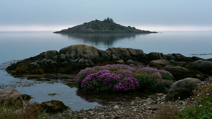 A rocky island appears surrounded by still waters, featuring vibrant sea lavender in the foreground.