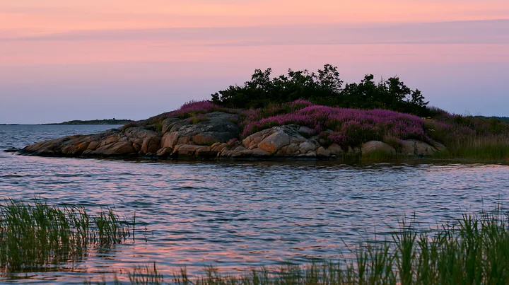 A rocky island is surrounded by water and features sea lavender growing on its surface, set against a colorful sunset with pink and purple hues in the sky.