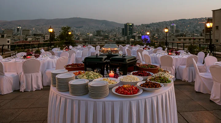 A rooftop buffet dinner features tables set with white tablecloths, various food items on display, and a view of the city skyline at sunset.