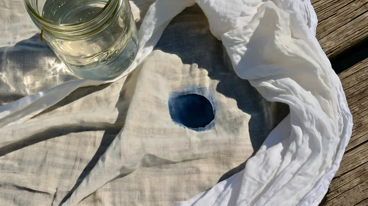 A round watercolor stain on light muslin fabric sits next to a glass jar filled with clear water.