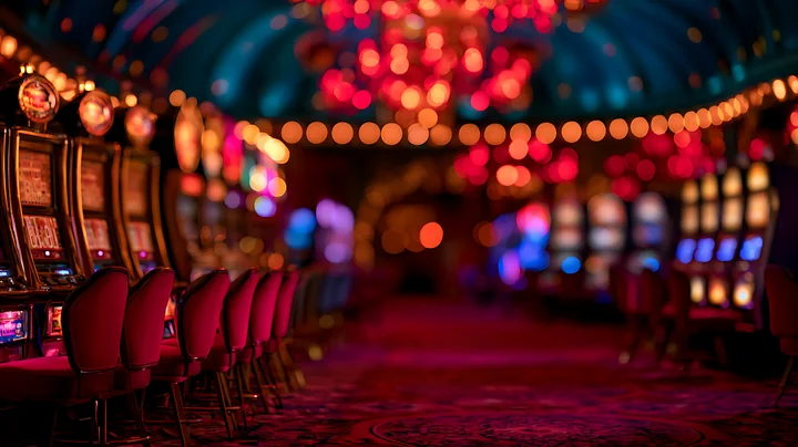 A row of slot machines stands in a lively casino.
