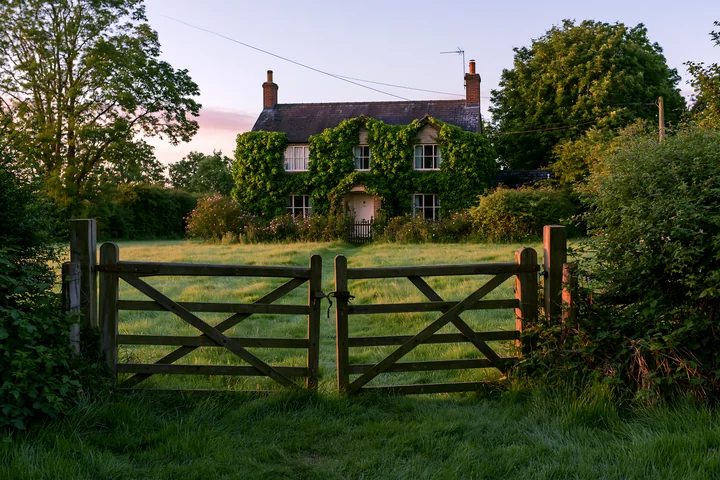 A rural cottage situated behind a wooden gate is surrounded by tall grass and trees.