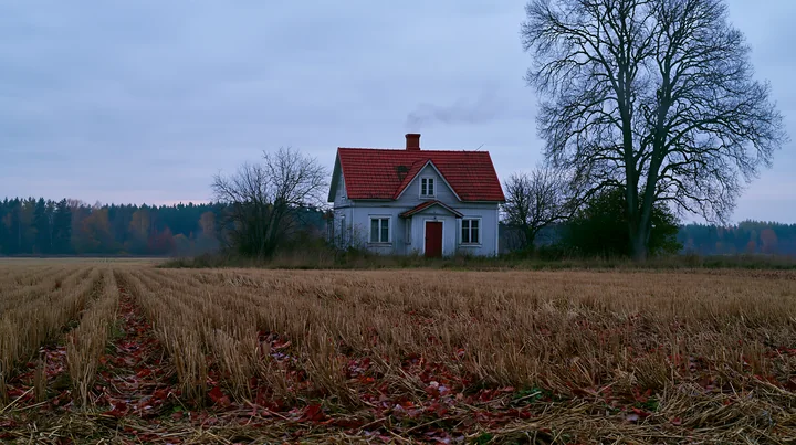 A rural cottage with chimney smoke stands alone in a field.