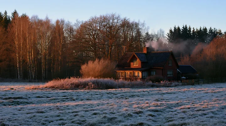 A rural cottage with chimney smoke stands among frost-covered grass and trees at dawn.