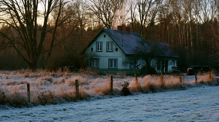 A rural cottage with chimney smoke stands in a frost-covered field surrounded by trees.