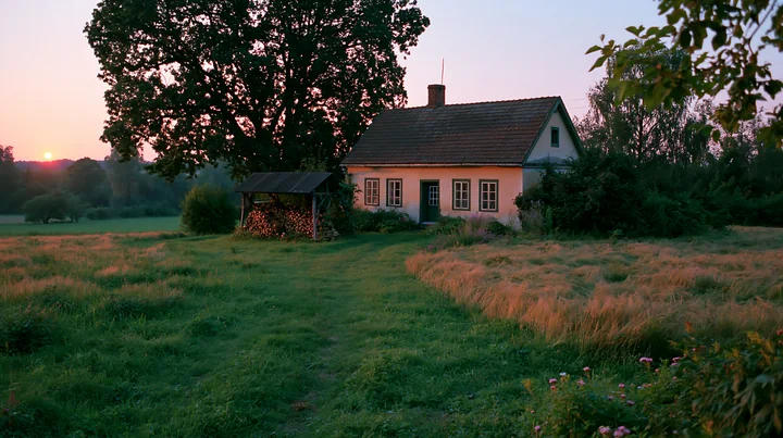 A rural cottage with firewood stack sits in a field at sunset, surrounded by grass and trees.