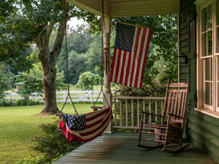 A rural farmhouse features a prominent American flag hanging from the porch, alongside a swing and rocking chair.
