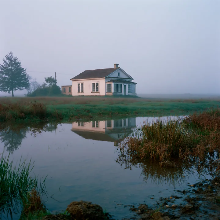 A rural farmhouse stands in fog near a pond, reflecting its image in the water.