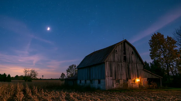 A rustic barn stands in a countryside setting under a starry night sky.