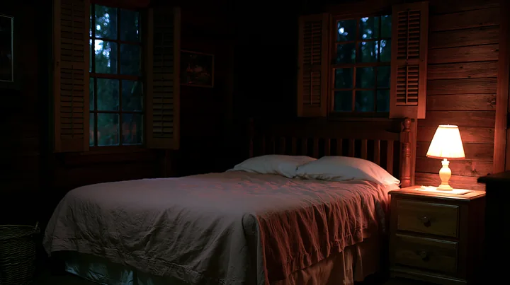 A rustic bedroom features a wooden bed with linen bedding and a nightstand with a lamp.