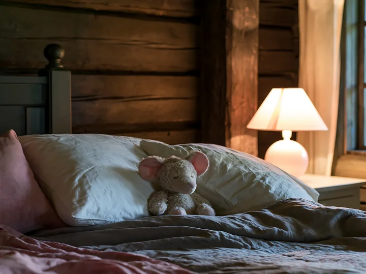 A rustic bedroom features linen bedding and a cute stuffed animal resting on a pillow.