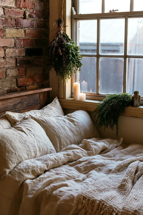 A rustic bedroom features linen bedding layered on a wooden bed frame.
