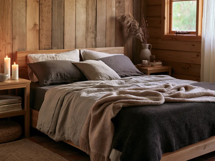 A rustic bedroom features linen bedding on a wooden bed frame with candles, decorative items, and natural lighting.