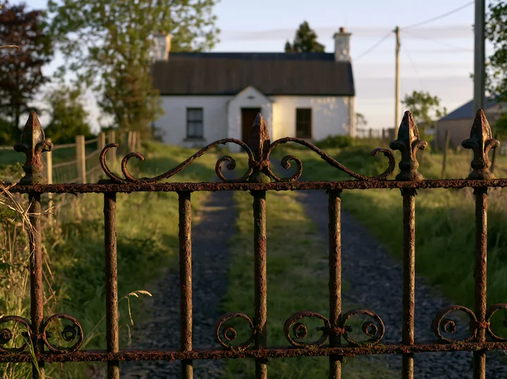 A rustic cottage is framed by an iron gate, with a gravel path leading toward it.