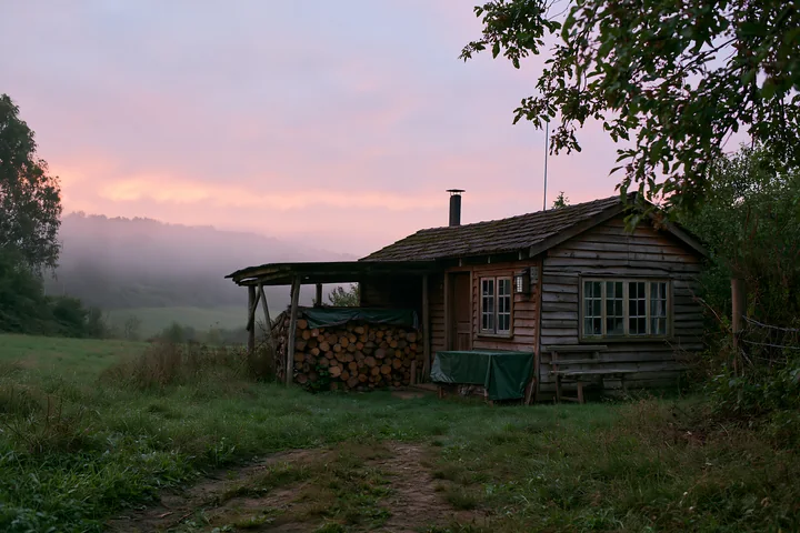 A rustic cottage stands in a meadow with a stack of firewood beside it.