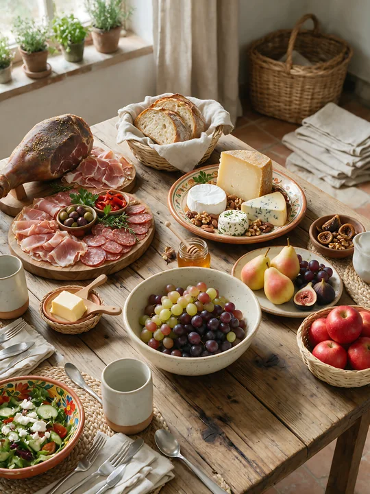 A rustic farmhouse buffet displays a variety of foods including cured meats, cheeses, fruits, and bread on a wooden table.