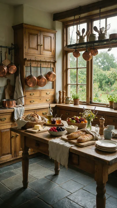A rustic farmhouse buffet is set up in a wooden kitchen, featuring a table with fresh bread, fruits, and drinks.