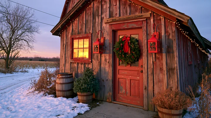 A rustic farmhouse features red and green decorations, including a wreath and lanterns.