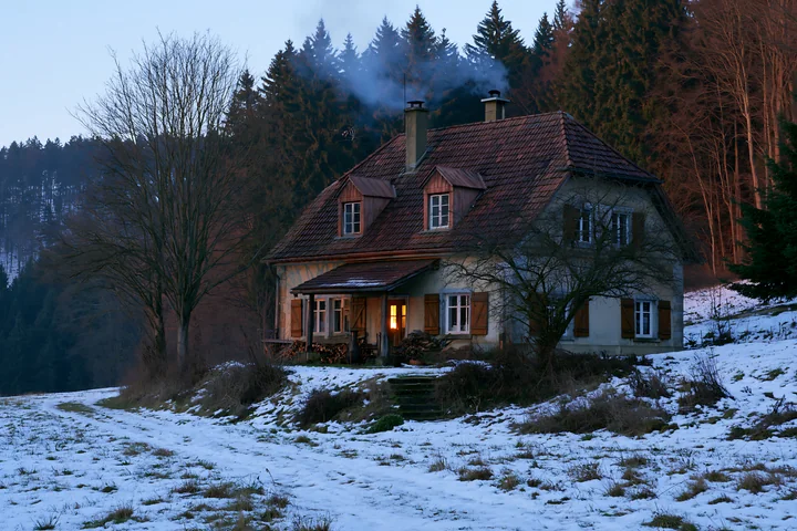 A rustic house with wooden shutters stands in a snowy landscape near a forest.