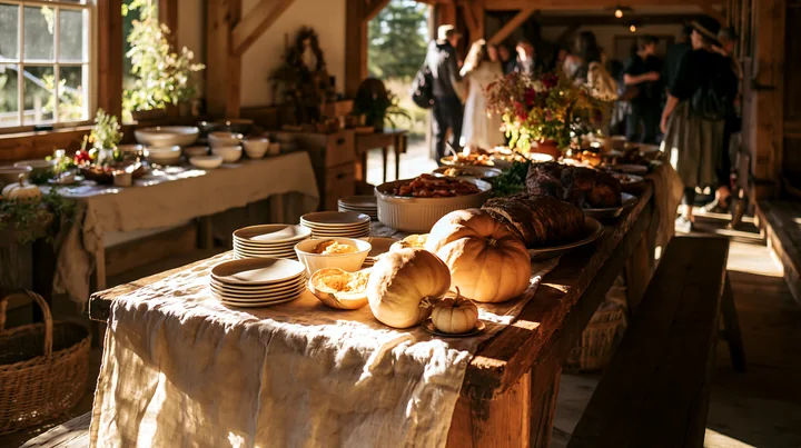 A rustic wooden buffet with a linen tablecloth displays an array of food and dishes in a cozy setting.