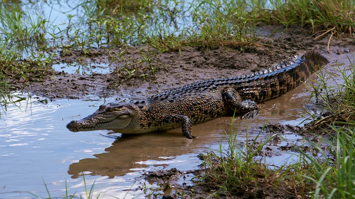 A saltwater crocodile rests by the water in a wetland area of the Northern Territory.