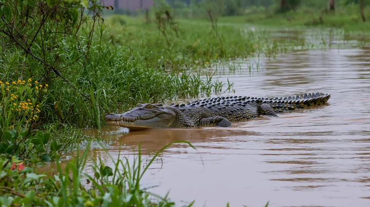 A saltwater crocodile swims quietly in a wetland area of the Northern Territory, surrounded by grass and water.