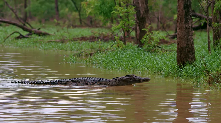 A saltwater crocodile swims through the muddy waters of a wetland in the Northern Territory.
