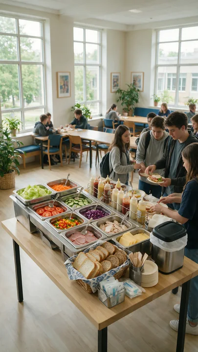 A sandwich buffet station offers fresh ingredients as customers create their meals in a bright cafe.