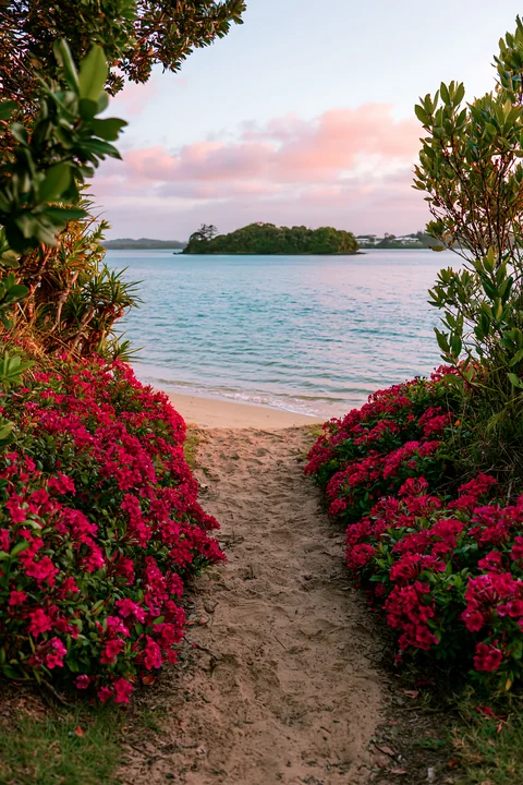 A sandy path lined with bright flowers leads to a tropical lagoon featuring a small island.