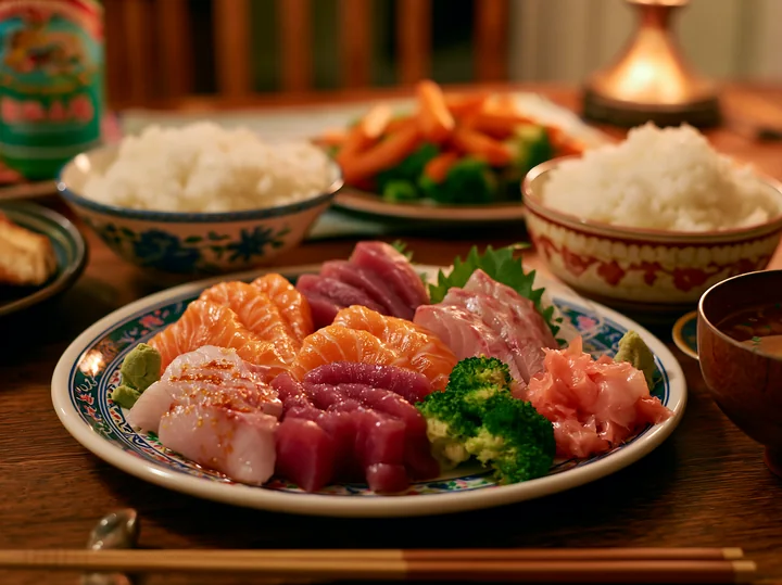 A sashimi platter with pickled ginger showcases various sliced fish arranged neatly on a decorative plate, surrounded by rice and vegetables at a cozy dining se