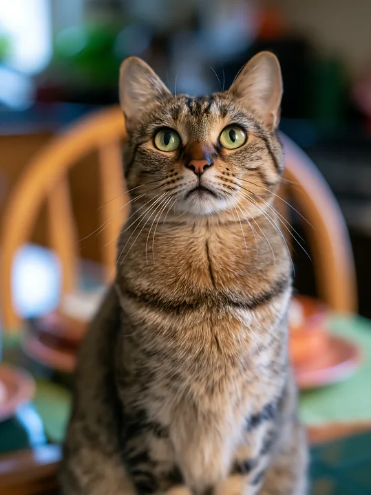 A Savannah cat at home sits on the table, gazing intently with bright eyes.