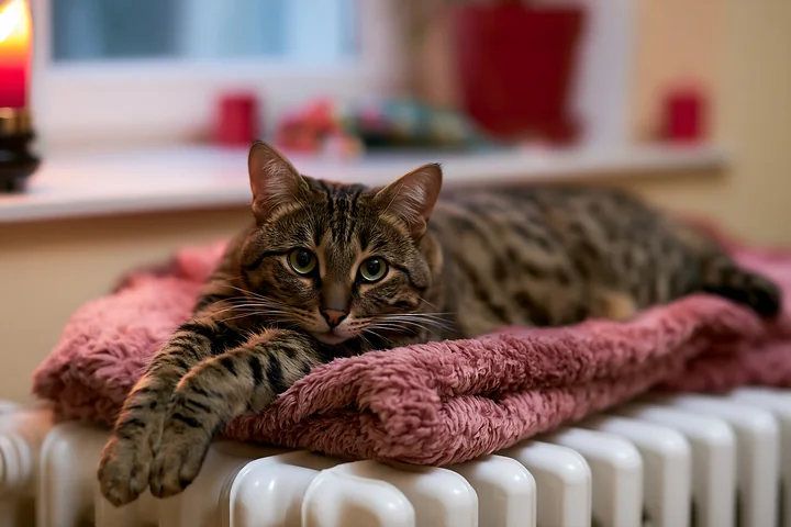 A Savannah cat is lying comfortably on a soft blanket placed on a heated radiator, showcasing its distinct pattern and relaxed demeanor.