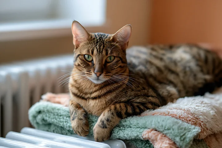 A Savannah cat is lying on a soft blanket placed on a radiator in a cozy indoor setting.