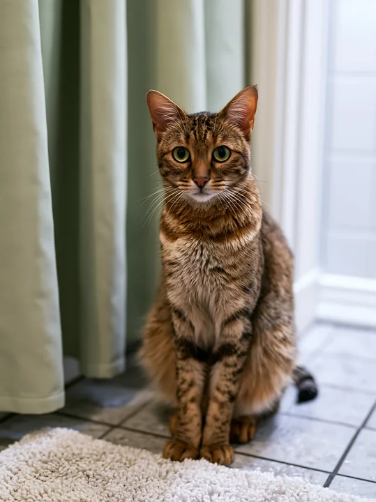 A Savannah cat is sitting on a bathroom floor near a white rug and green curtains.