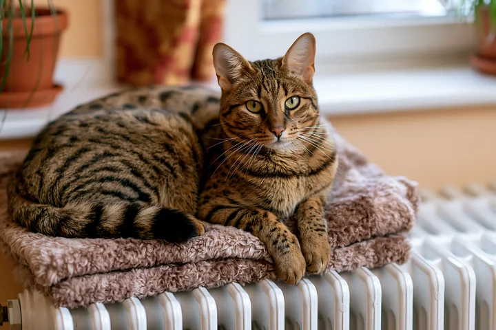 A Savannah cat rests comfortably on a soft blanket placed on a radiator in a warm indoor setting.