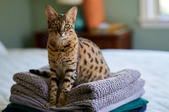 A Savannah cat sits on a stack of freshly folded towels in a bright room.