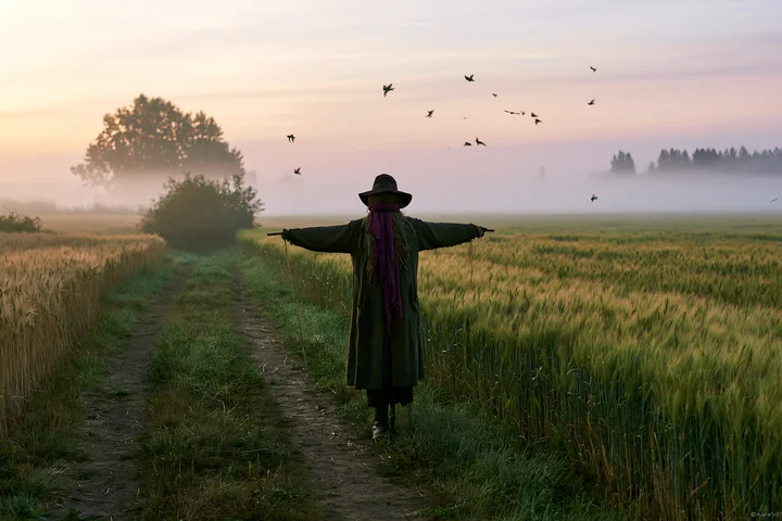 A scarecrow in a barley field stands with arms outstretched as morning light begins to shine.
