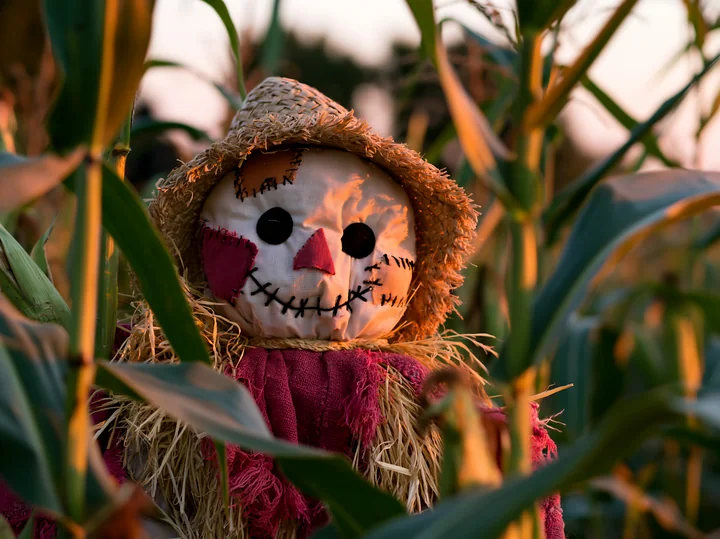 A scarecrow in a cornfield at sunrise stands among tall green stalks.