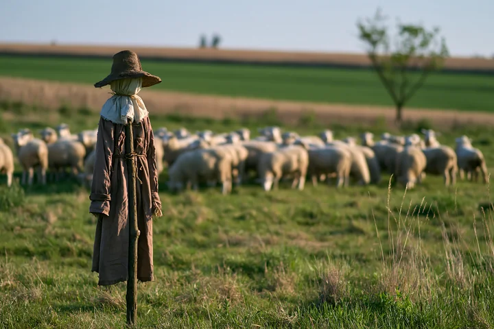 A scarecrow in a rural meadow stands guard while sheep graze in the background.