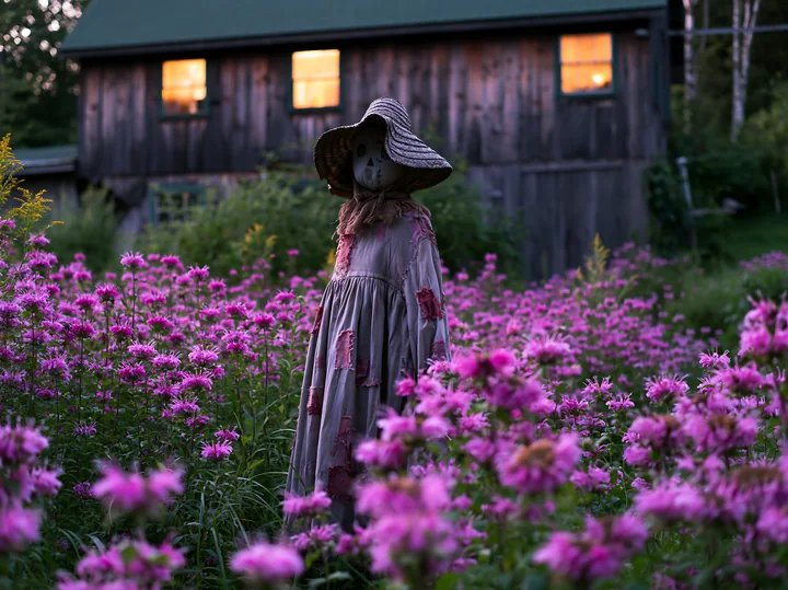 A scarecrow stands among blooming wildflowers in a field next to a rustic cabin.
