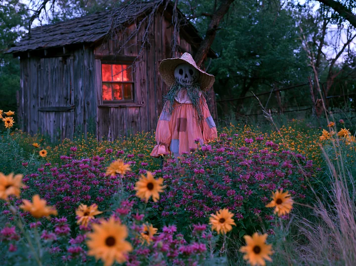 A scarecrow stands among blooming wildflowers in a vibrant garden, with a wooden shed in the background.