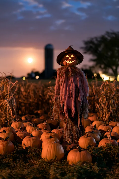 A scarecrow stands among pumpkins in a rural landscape at night.