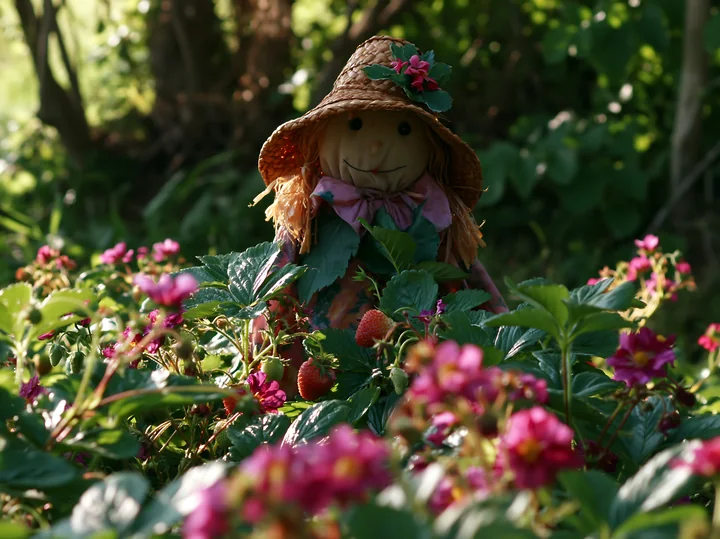 A scarecrow stands among vibrant flowers and ripe strawberries in a spring garden.