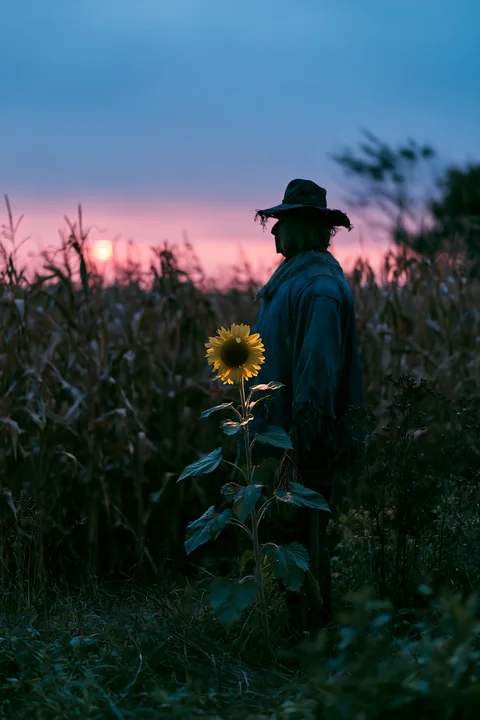 A scarecrow stands in a cornfield at night, surrounded by tall corn plants.