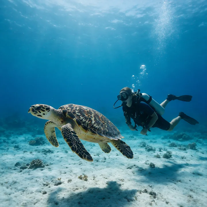 A scuba diver swims beside a sea turtle over a sandy coral seabed in clear blue water.